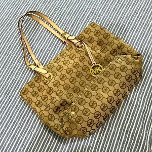 Two tone brown Michael Kors shoulder bag with leather shoulder straps.